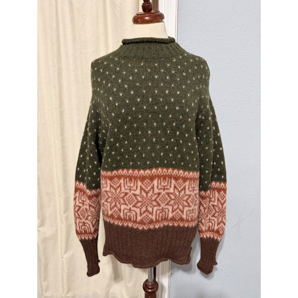 Vintage Skyr 80s Wool Fair Isle Nordic Sweater L Green Brown Orange Cottagecore